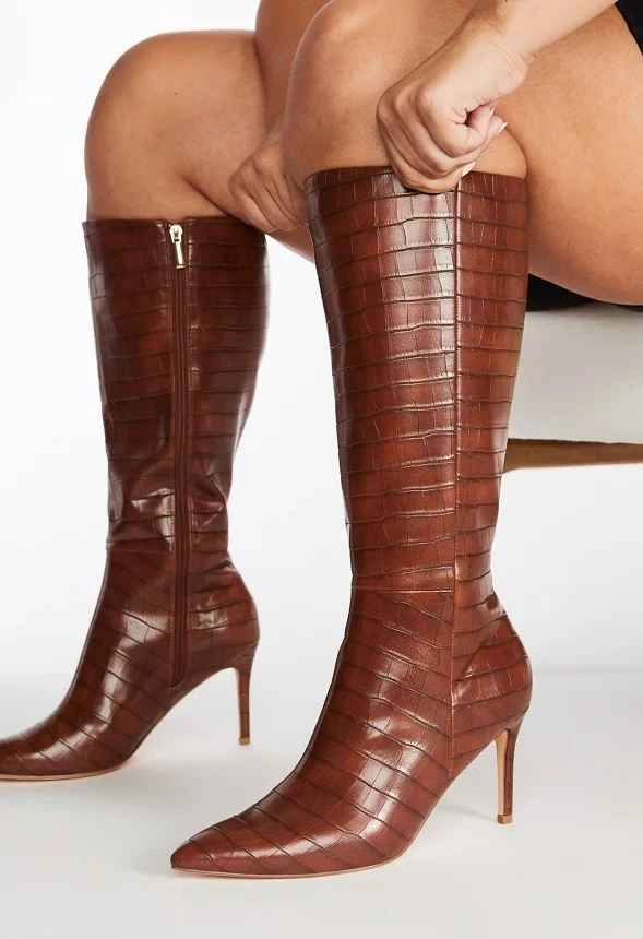 Brown Croc-Embossed Knee-High Stiletto Boots - photo 2