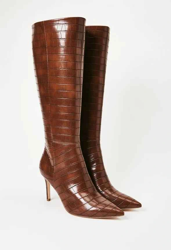 Brown Croc-Embossed Knee-High Stiletto Boots - photo 4