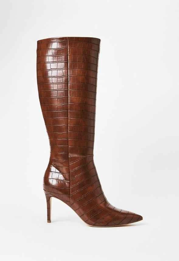 Brown Croc-Embossed Knee-High Stiletto Boots - photo 5