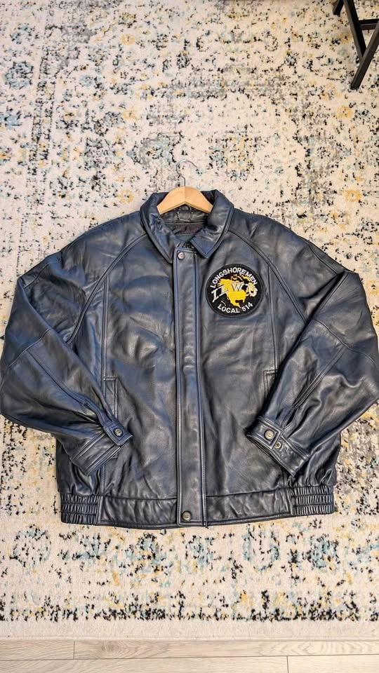 Vintage Danier Leather Jacket - Navy - Longshoremen patch - XL
