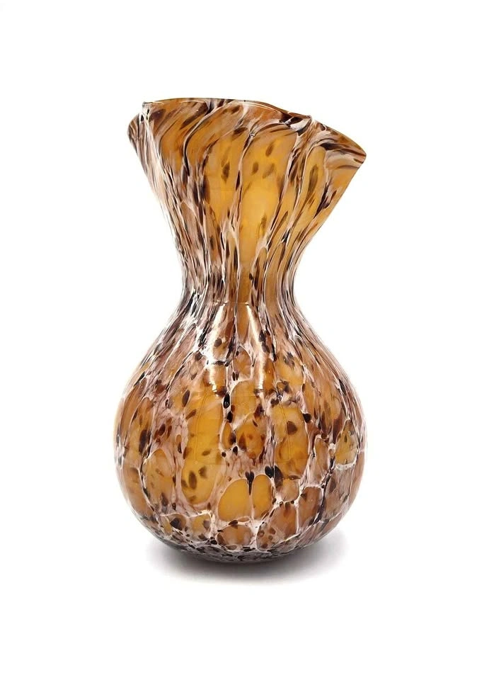 Hand-Blown Tortoiseshell Glass Vase with Ruffled Rim