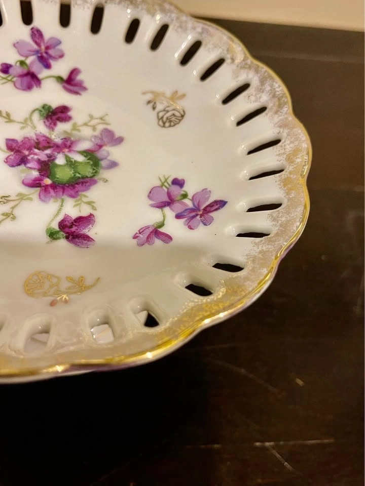 Vintage Porcelain Pedestal Compote Candy Dish w/ Violets and Ret - photo 2