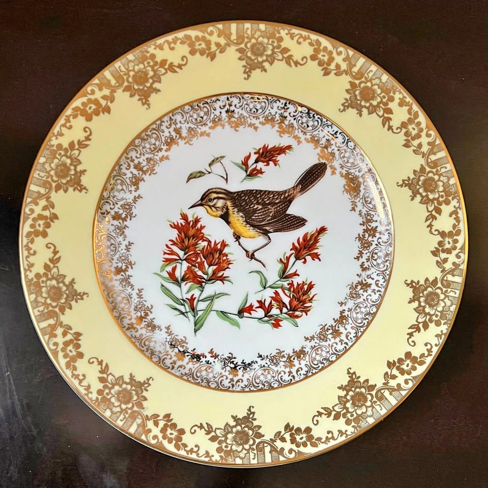 Vintage JKW Germany Fine Porcelain Bird Design Gold Rim 10.5” Pl