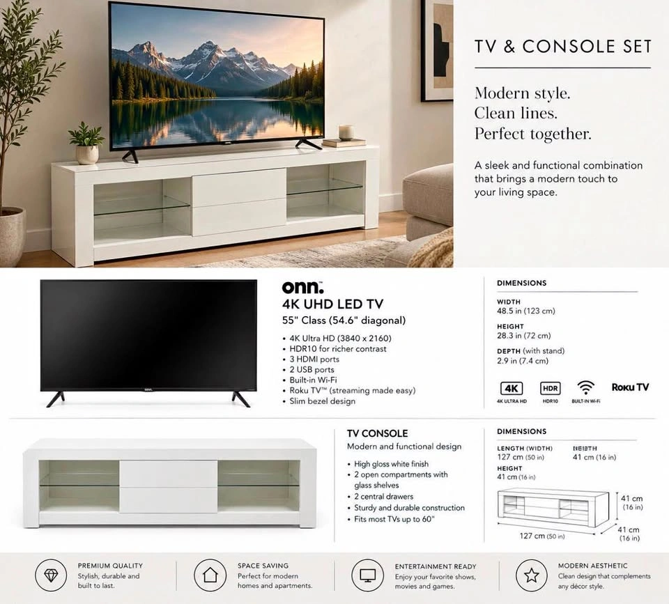 55” Onn TV + TV stand
