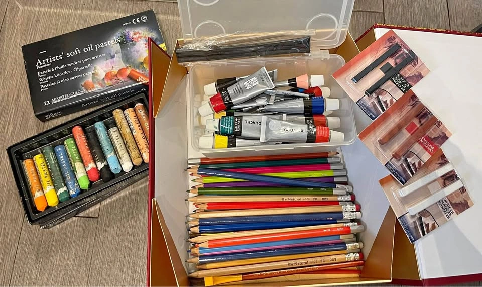 Assorted Art Supplies Set - Oil Pastels, Charcoal, Gouache, and
