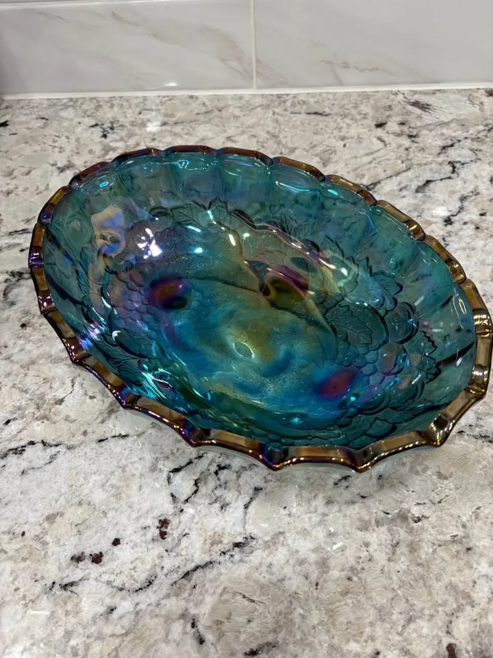 Gorgeous Blue Carnival Glass Oval Display Bowl image indicator(2)