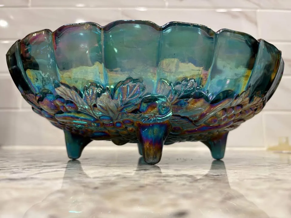 Gorgeous Blue Carnival Glass Oval Display Bowl image indicator(3)