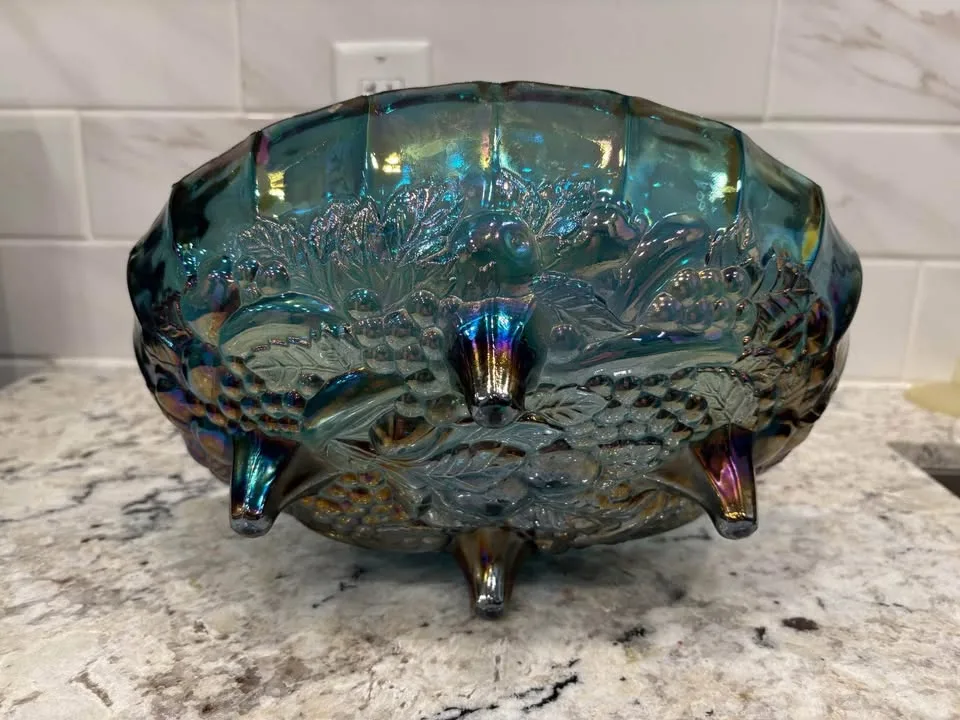 Gorgeous Blue Carnival Glass Oval Display Bowl image indicator(4)