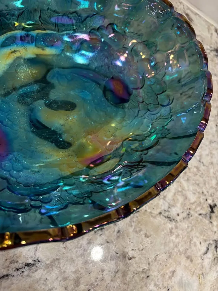 Gorgeous Blue Carnival Glass Oval Display Bowl image indicator(5)