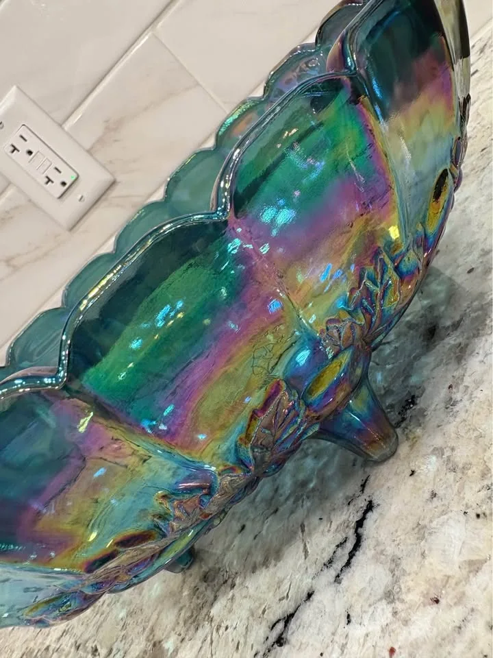 Gorgeous Blue Carnival Glass Oval Display Bowl image indicator(6)