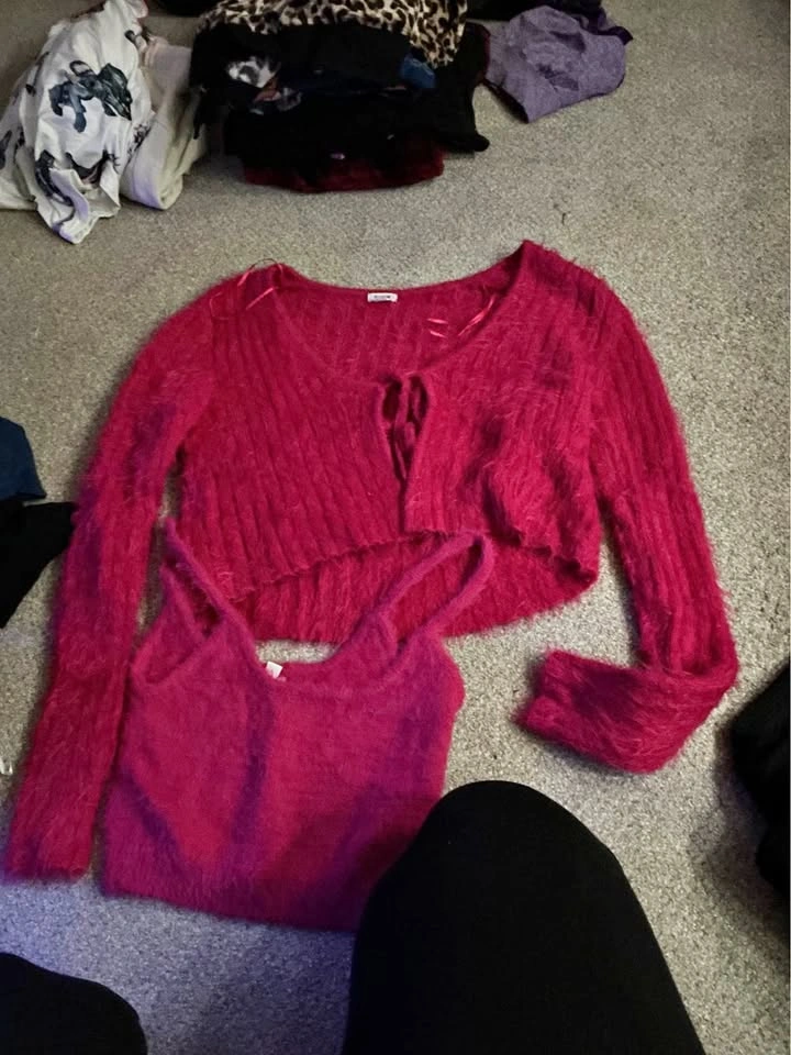 Garage Pink Fuzzy Knit Cardigan and Camisole Set