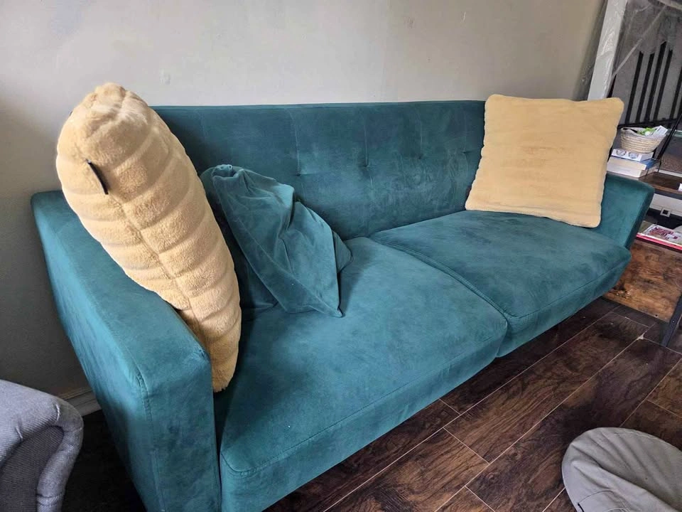 Mid-Century Modern Teal Velvet Sofa