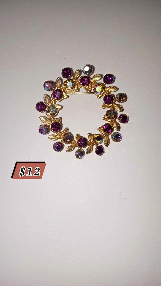 Vintage Gold-Tone Wreath Brooch with Purple and AB Crystals