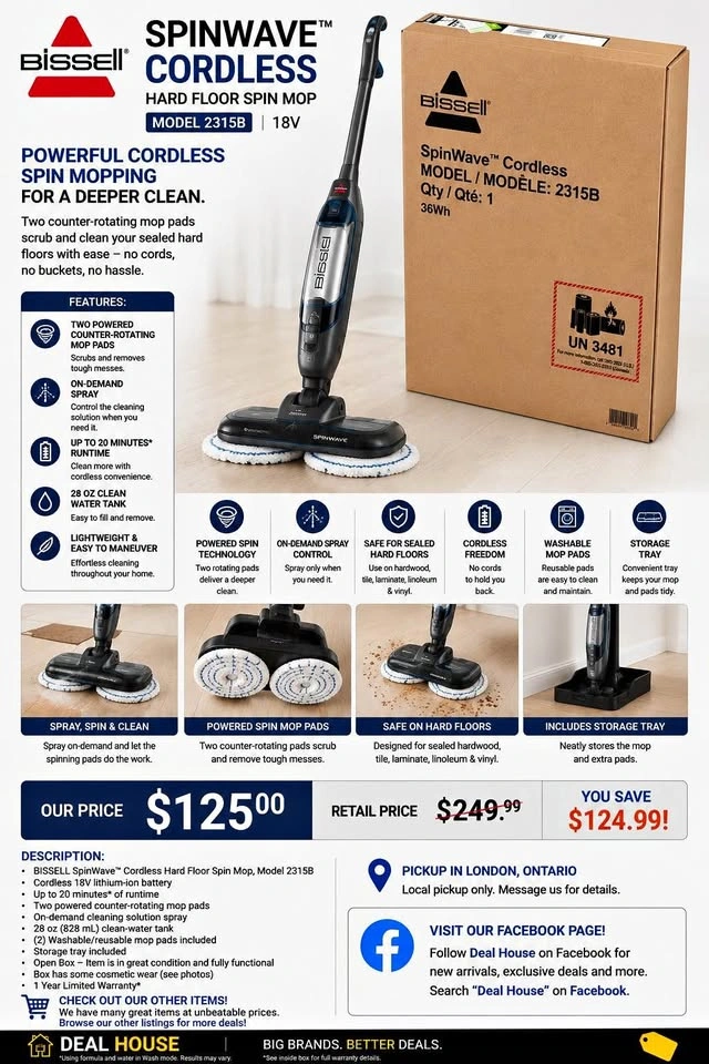 BISSELL SpinWave Cordless Hard Floor Spin Mop – Model 2315B