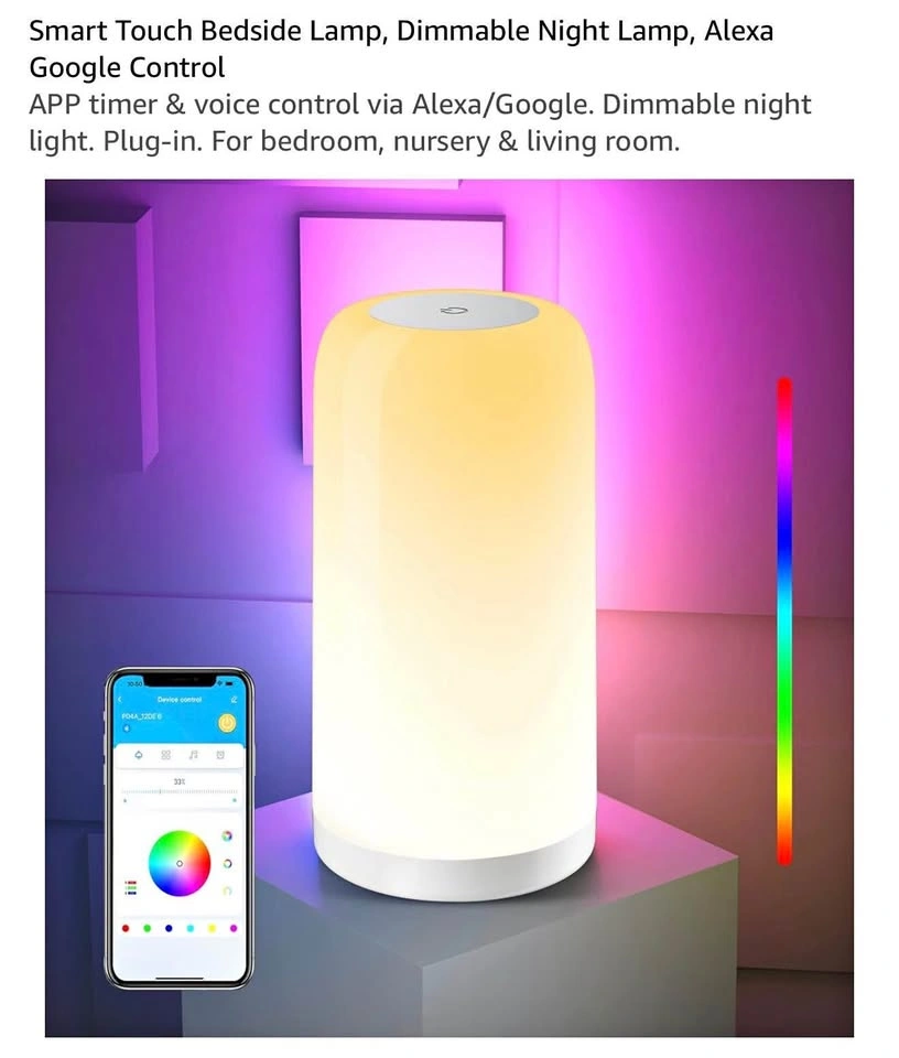 Smart Touch Bedside Lamp, Dimmable Night Lamp, Alexa Google Cont