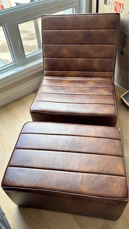 Brown Faux Leather Armless Chair and Ottoman Set