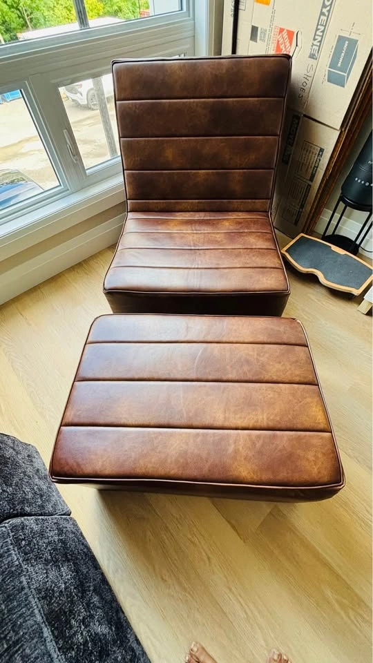 Brown Faux Leather Armless Chair and Ottoman Set - photo 2