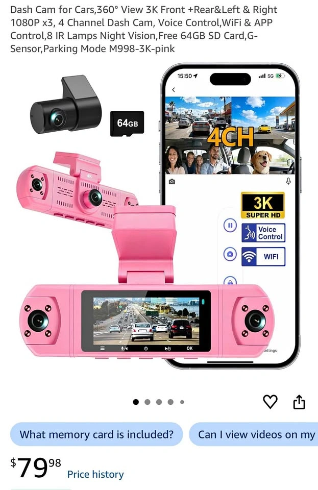 4 Channel Dash Cam 360° View 3K Front + 1080P Rear/Side