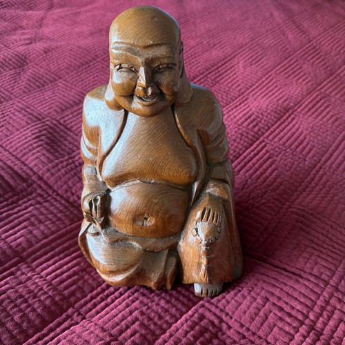Vintage 11" x 7.25" Hand Carved Solid Wood Laughing Buddha