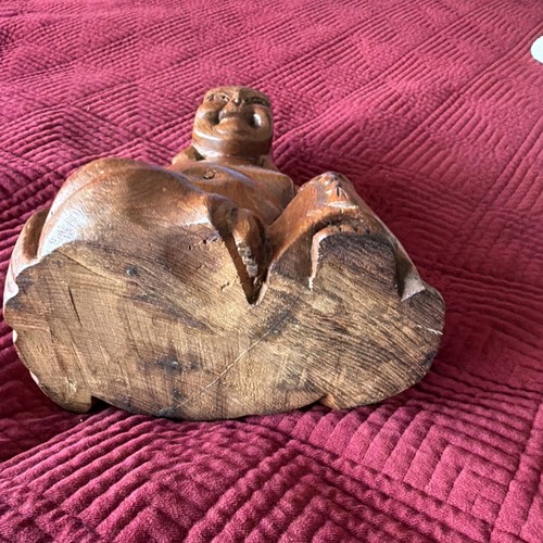 Vintage 11" x 7.25" Hand Carved Solid Wood Laughing Buddha - photo 3