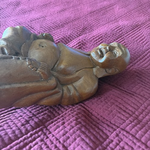 Vintage 11" x 7.25" Hand Carved Solid Wood Laughing Buddha - photo 5