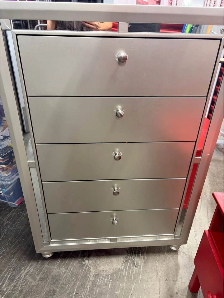 Silver 5-Drawer Chest with Mirrored Trim