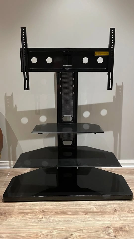 Modern 3-Shelf Black Glass TV Stand with Integrated Wall Mount