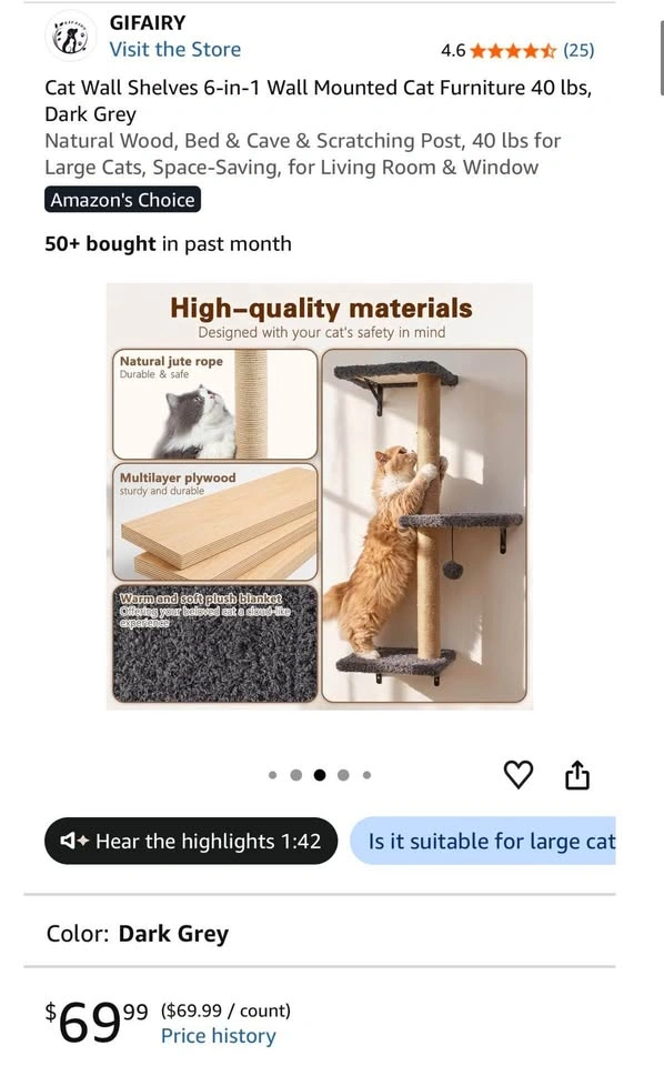 6-in-1 Wall Mounted Cat Furniture - Dark Grey - photo 4