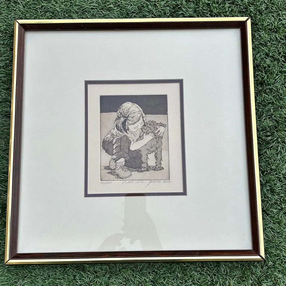 Puppy Love Etching by Jeanne Down – Ltd Ed 26/100 – COA thumbnail