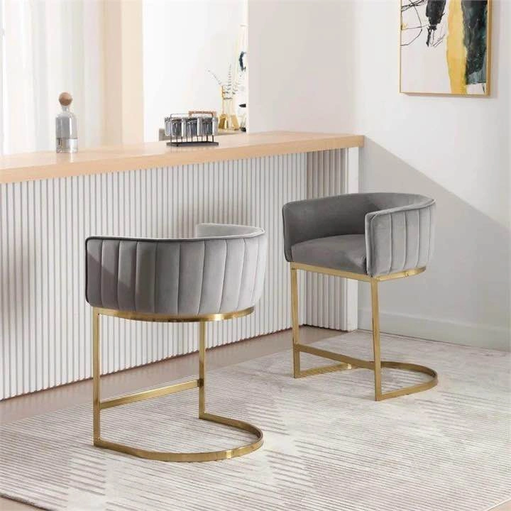 Gray Velvet Bar Stool with Gold Base (Set of 2) - photo 2
