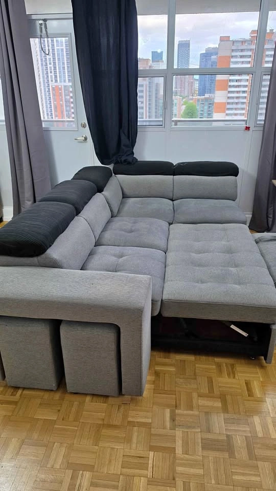 Grey Sleeper Sofa with Pull-Out Bed, Ottoman & Stools
