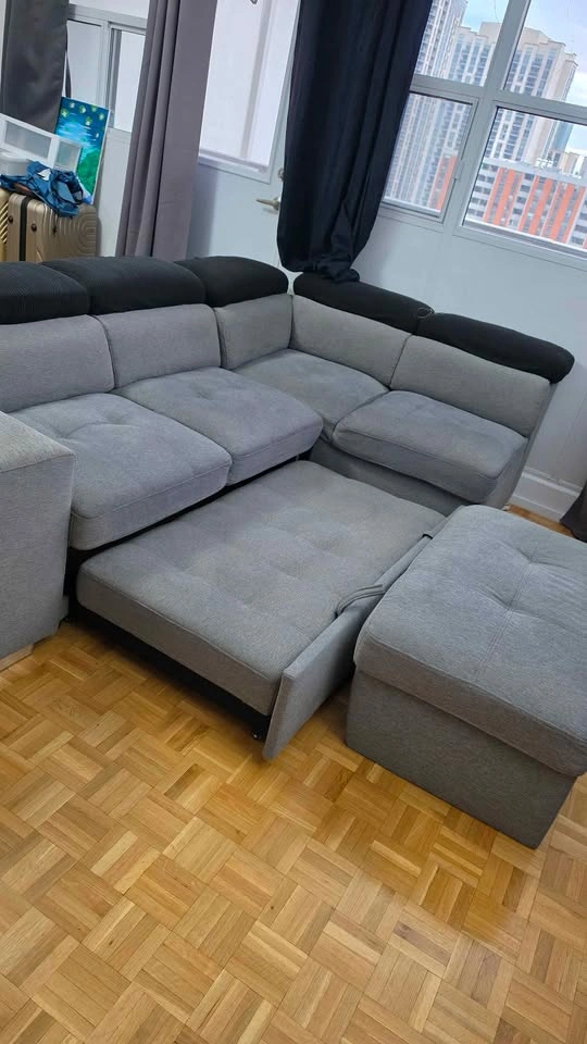 Grey Sleeper Sofa with Pull-Out Bed, Ottoman & Stools - photo 3