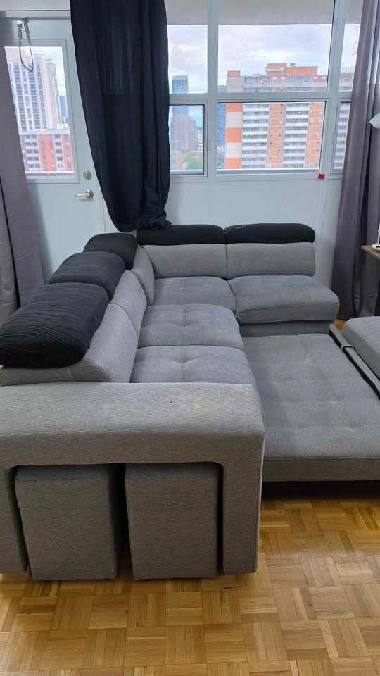 Grey Sleeper Sofa with Pull-Out Bed, Ottoman & Stools - photo 4