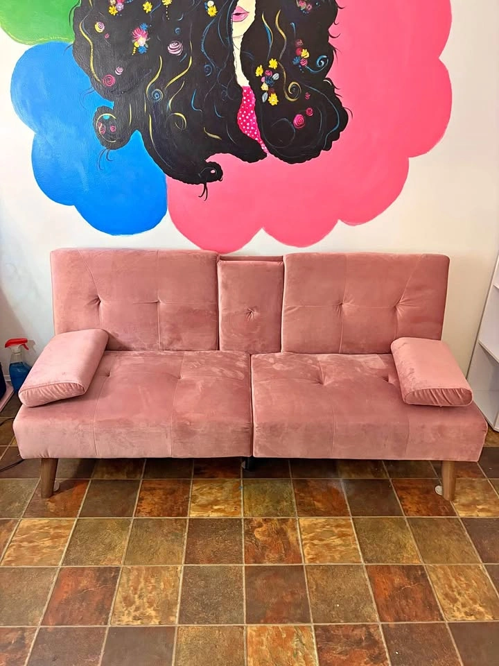 Pink Velvet Convertible Futon Sofa with Cup Holders