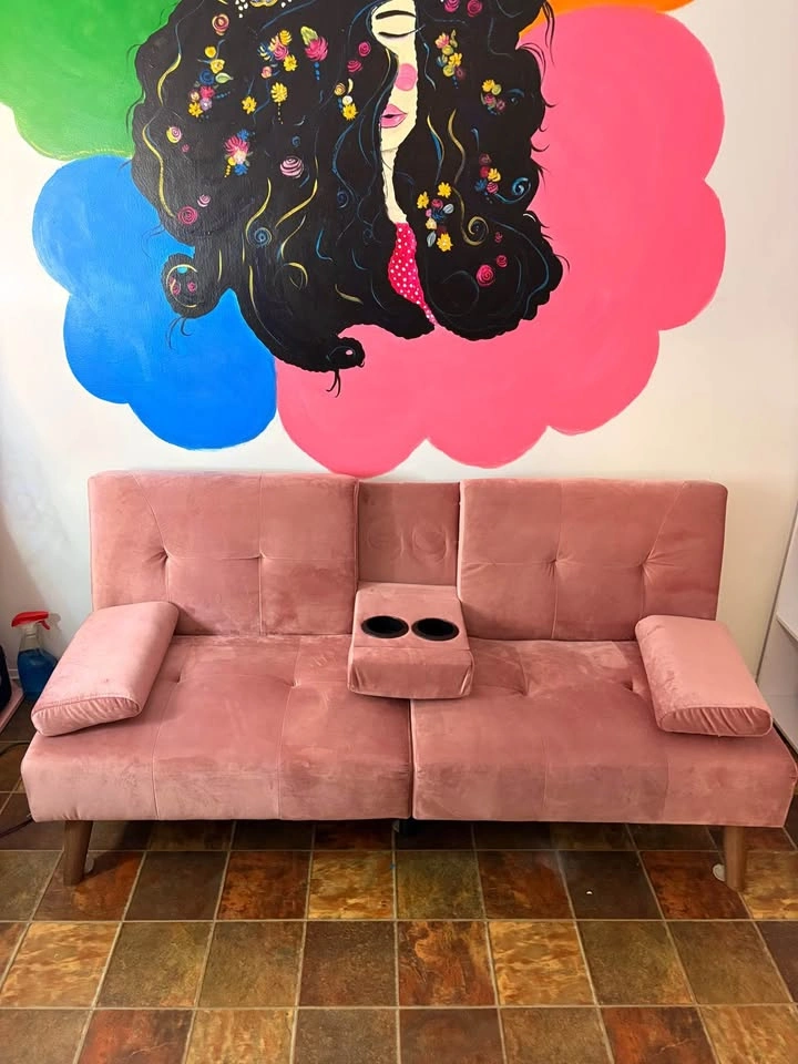 Pink Velvet Convertible Futon Sofa with Cup Holders - photo 2