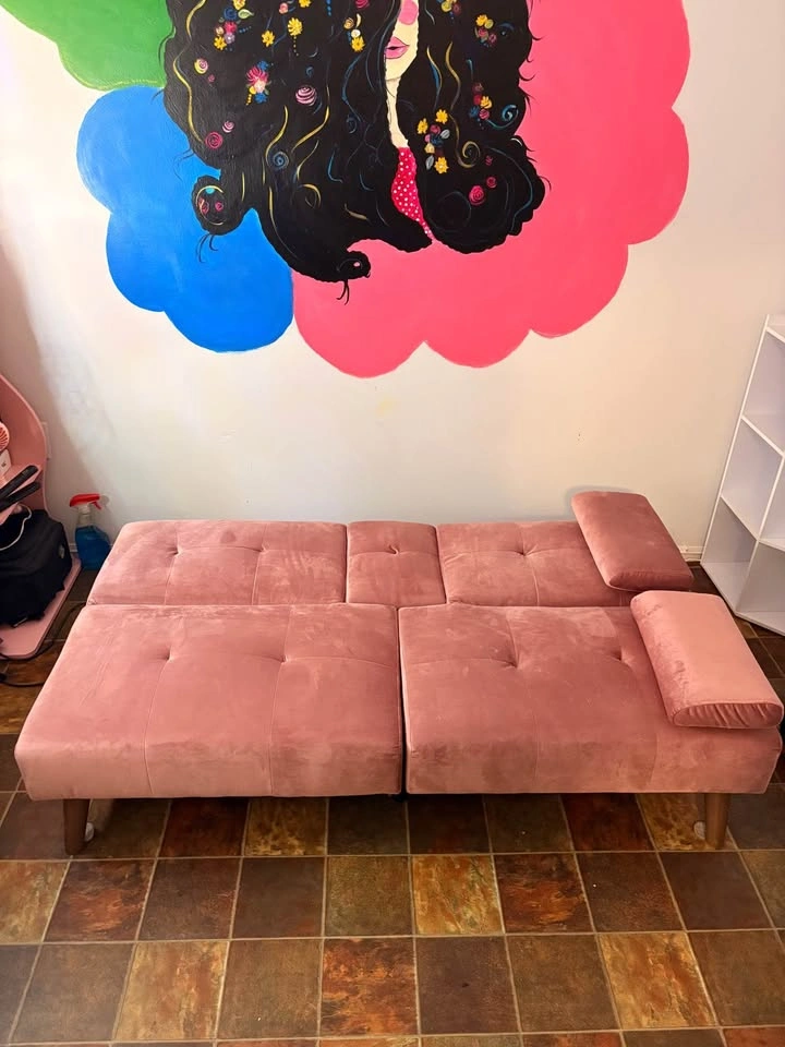 Pink Velvet Convertible Futon Sofa with Cup Holders - photo 3