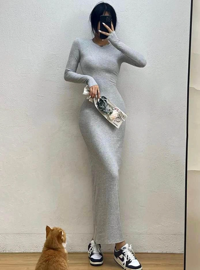 Brand New Grey Long Sleeve Bodycon Maxi Dress