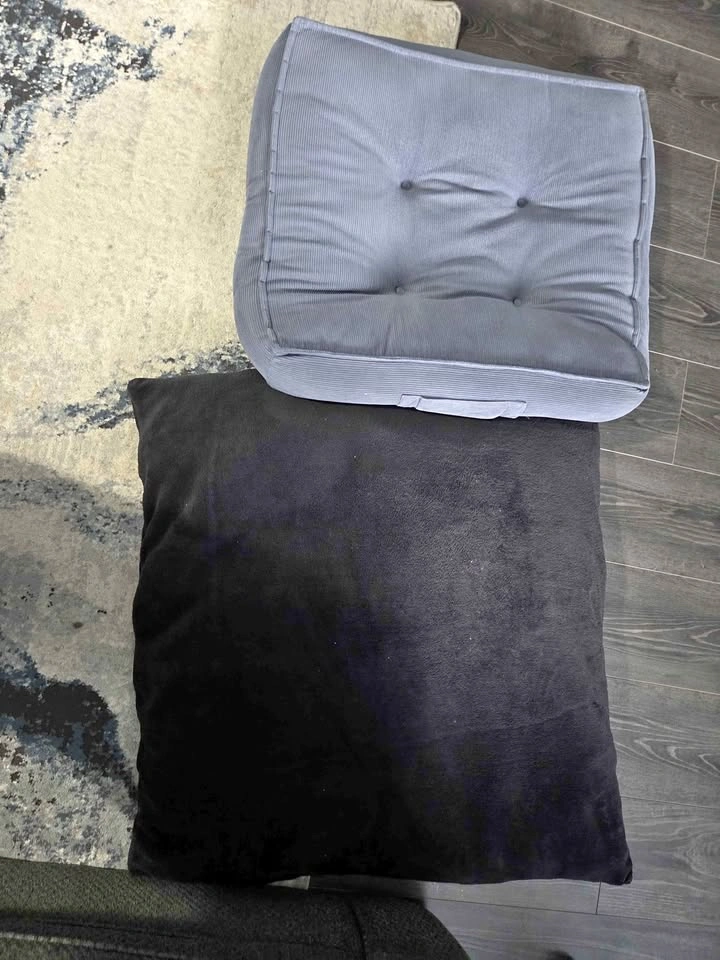 Set of 2 Floor Cushions - Grey Corduroy and Black Plush
