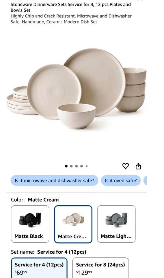 Stoneware Dinnerware Sets Service for 4, 12 pcs Plates and Bowls
