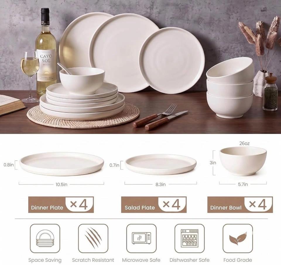 Stoneware Dinnerware Sets Service for 4, 12 pcs Plates and Bowls - photo 4