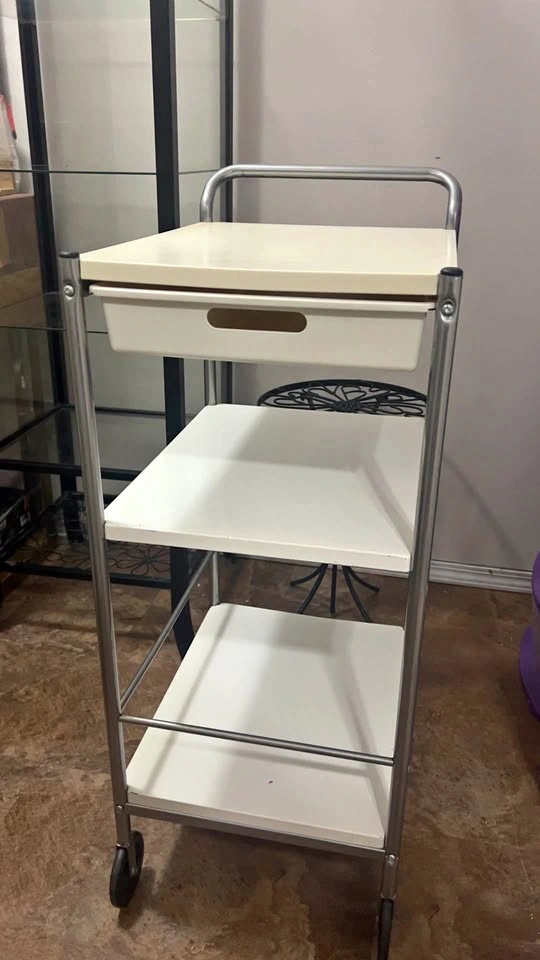 White & Silver Rolling Storage Utility Cart with Drawer
