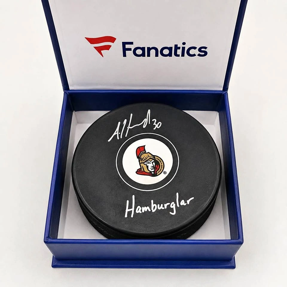 Andrew Hammond “Hamburglar” Signed Ottawa Senators Puck | Fanati
