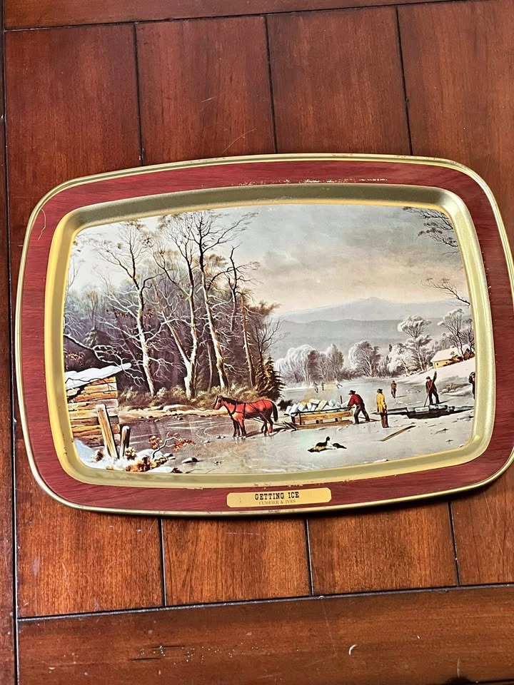 Currier & Ives 'Getting Ice' Vintage Metal Serving Tray