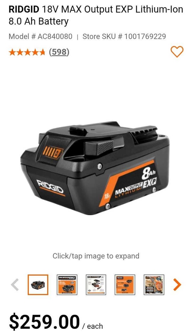 Ridgid 18v MAX output EXP Li-ion 8.0 ah Battery