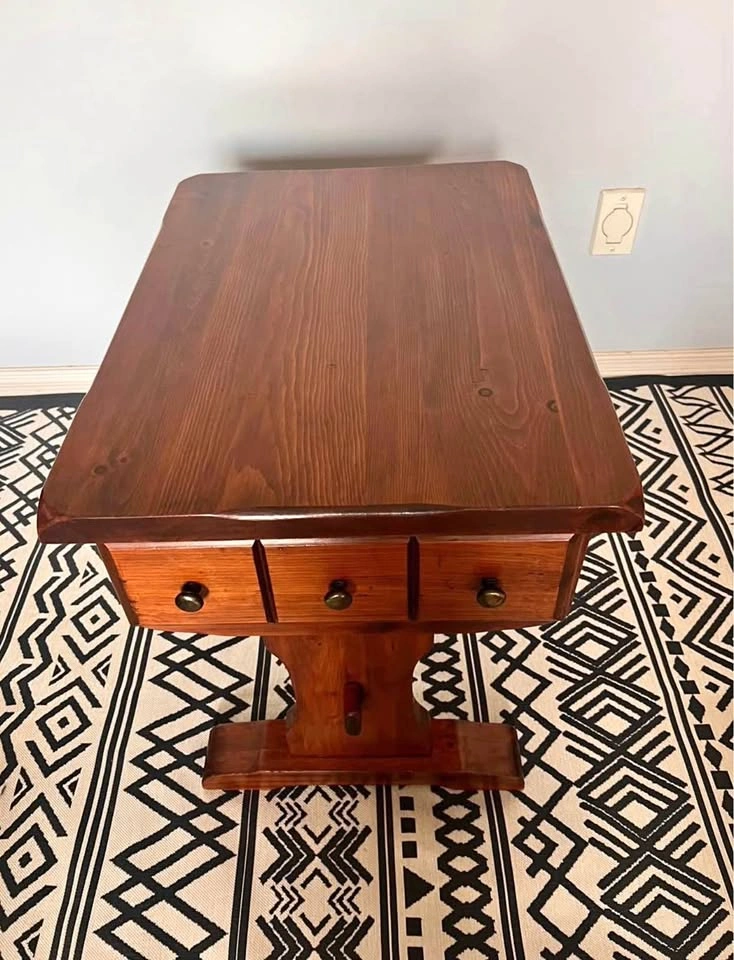 Vintage Solid Pine Trestle End Table - Rustic Farmhouse Table