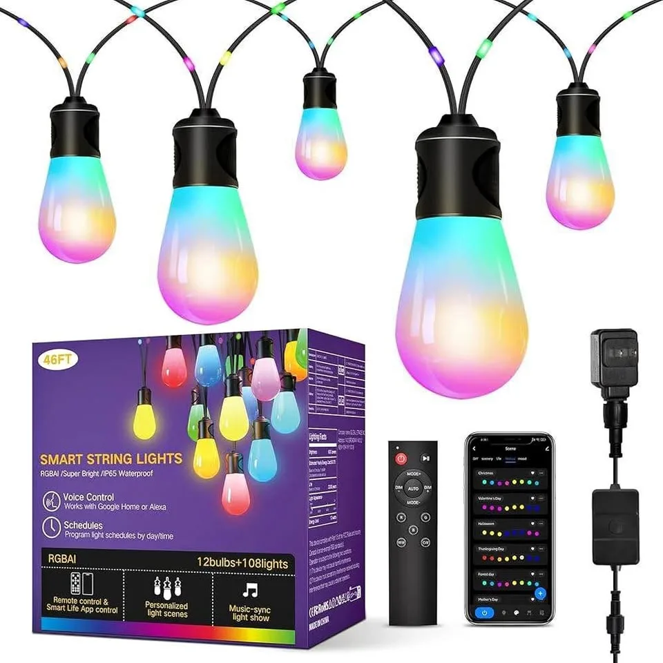 Outdoor String Lights, 46FT RGBAI Smart Festoon Lights thumbnail
