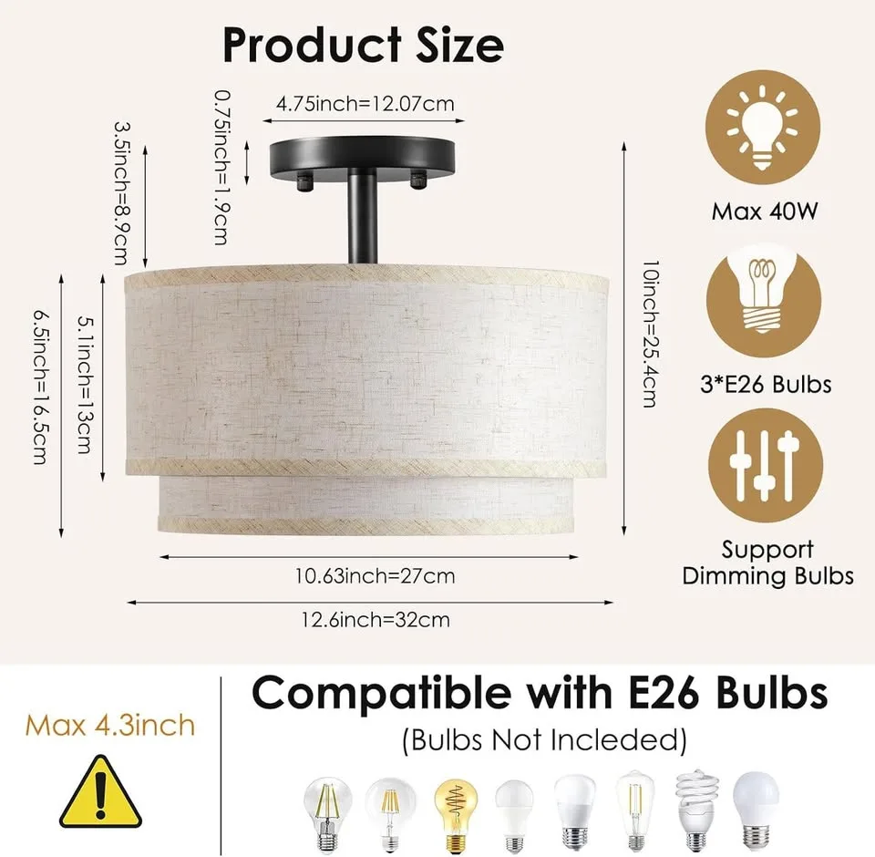 12.6" 2-Layer Drum Ceiling Light 3 Light Semi-Flush image indicator(2)