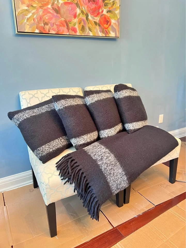 HB Stripes Black / Gray Wool Blend Throw and Pillow Set