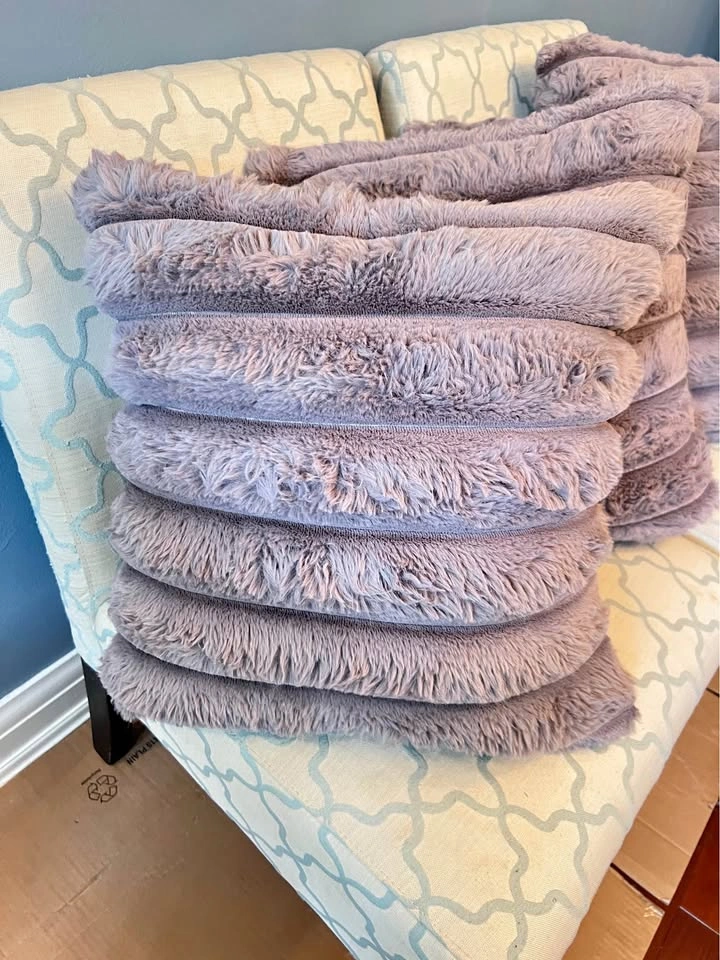 Set of 4 Gray Ribbed Faux Fur Throw Pillows