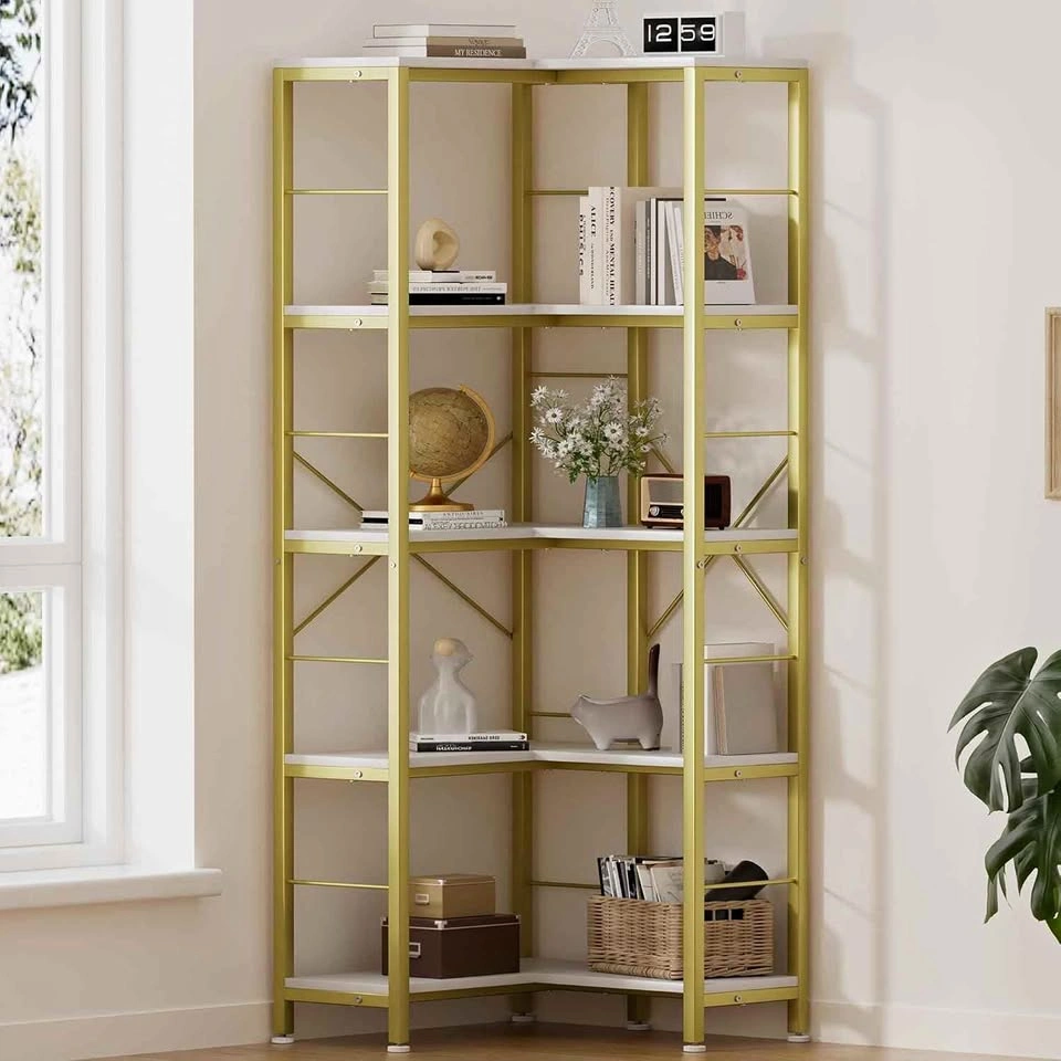 Gujiam 5-Tier Corner Bookshelf, 71" Tall, Gold, NEW IN BOX